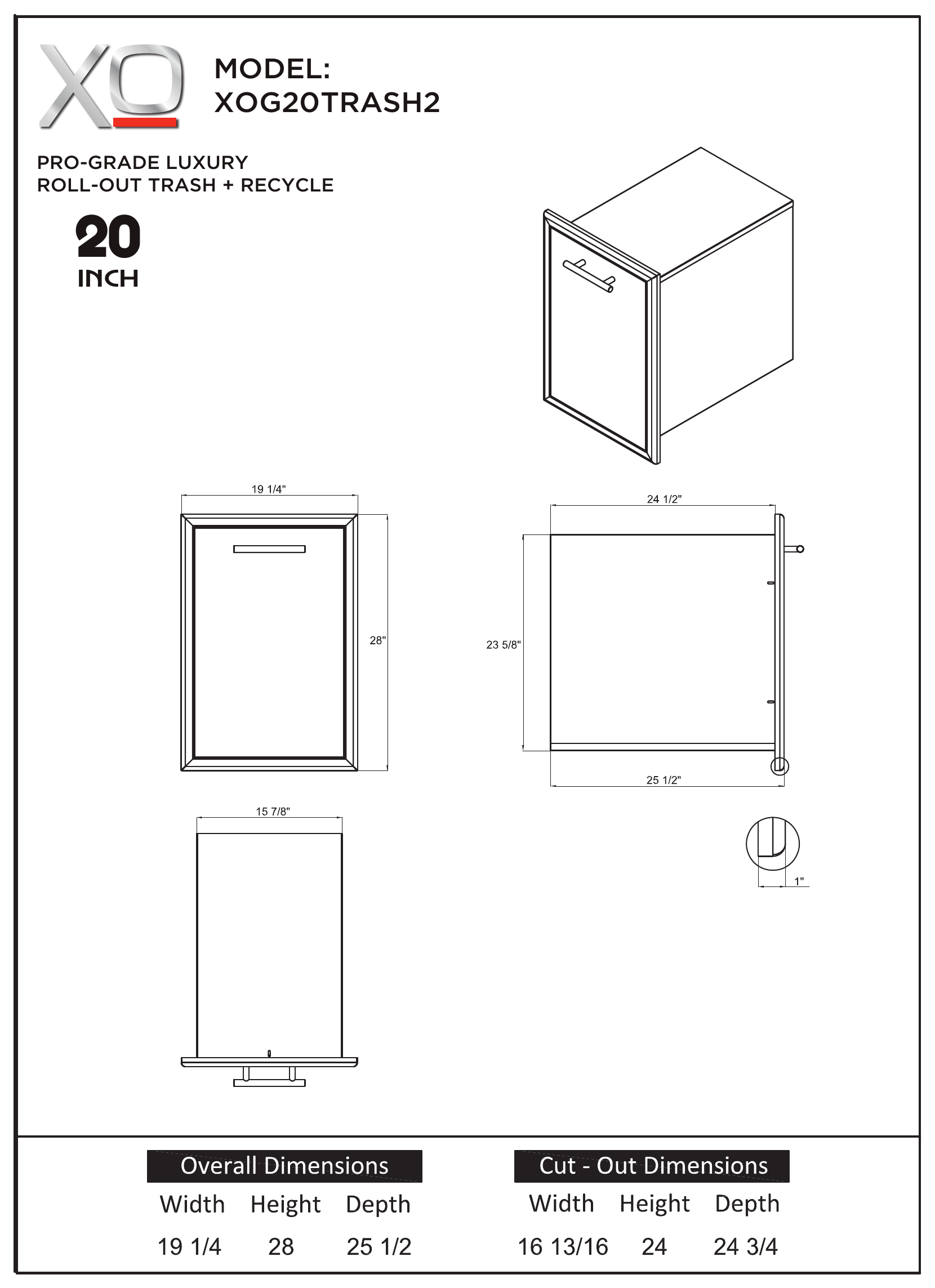 XO XOG20TRASH2 dimension drawing with measurements in inches