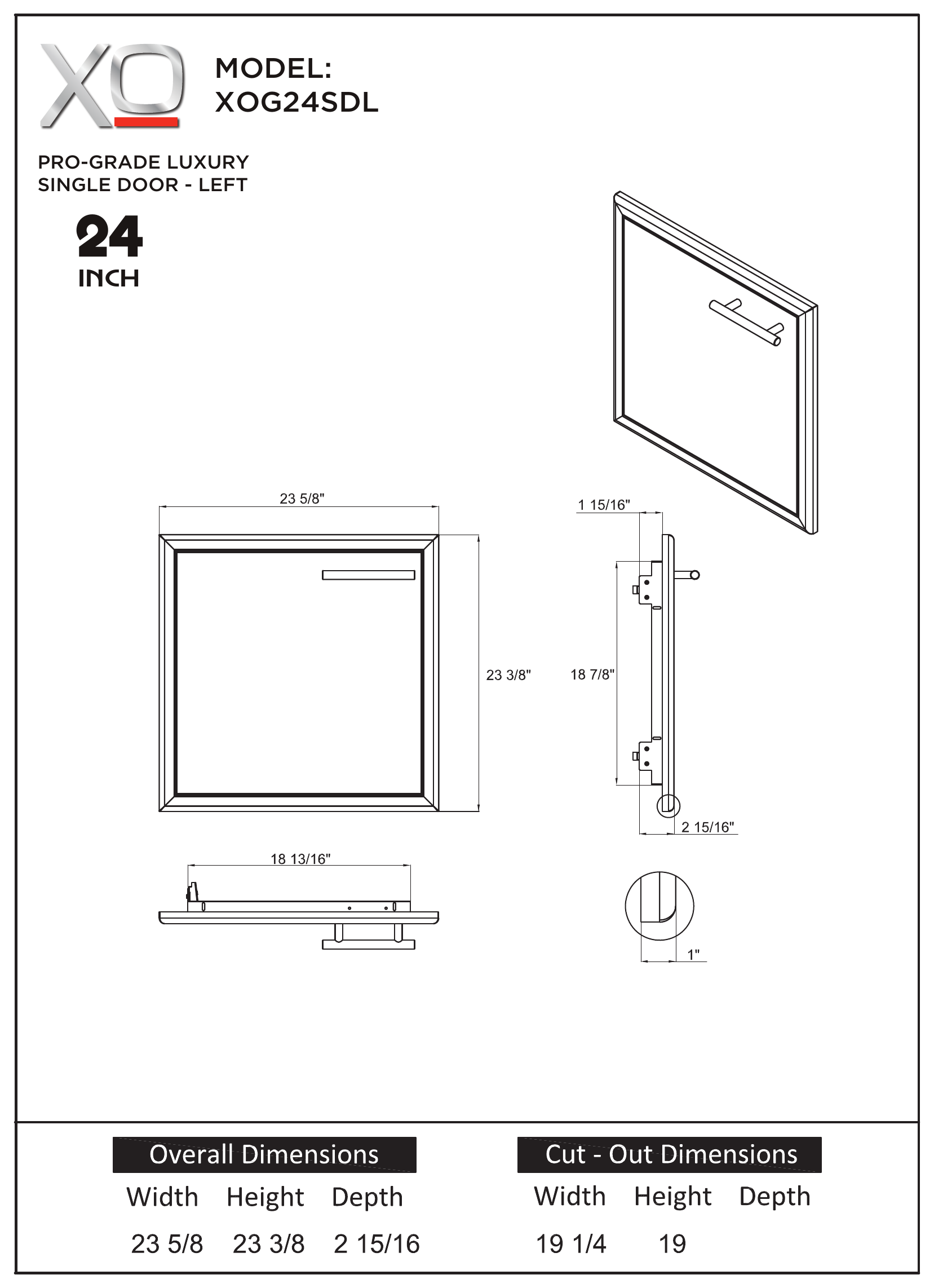 XO XOG24SDL dimension drawing with measurements in inches