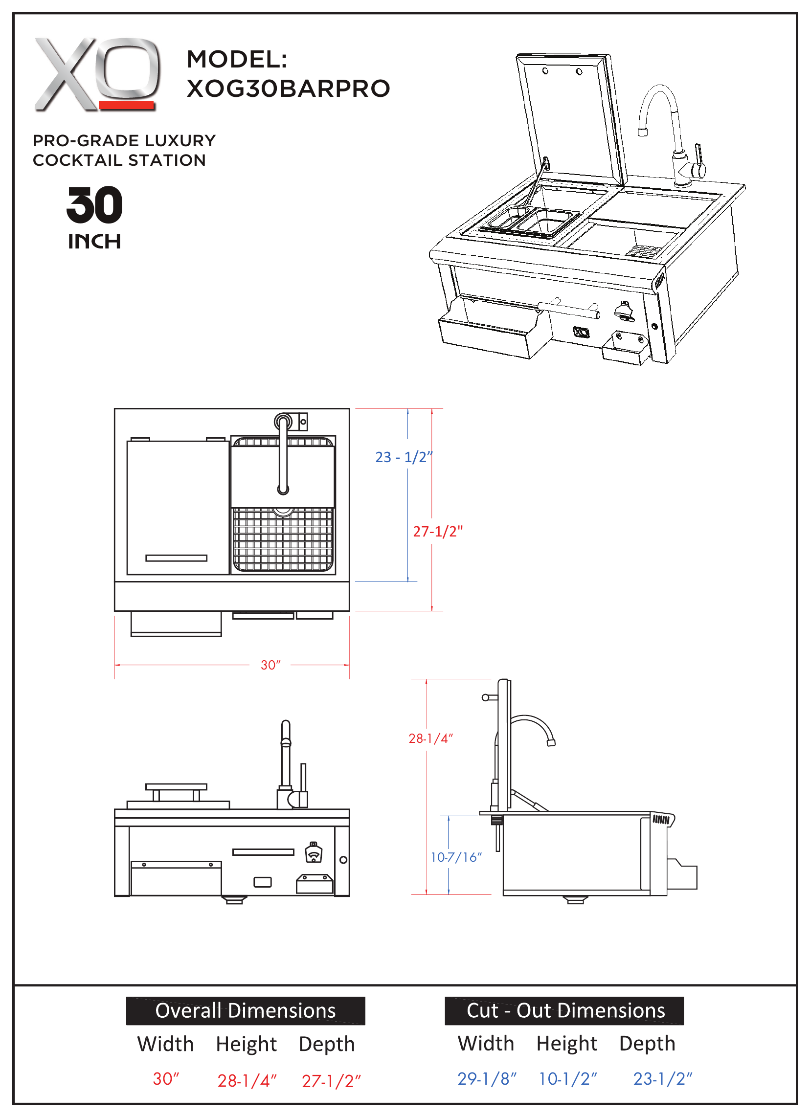 XO XOG30BARPRO dimension drawing with measurements in inches