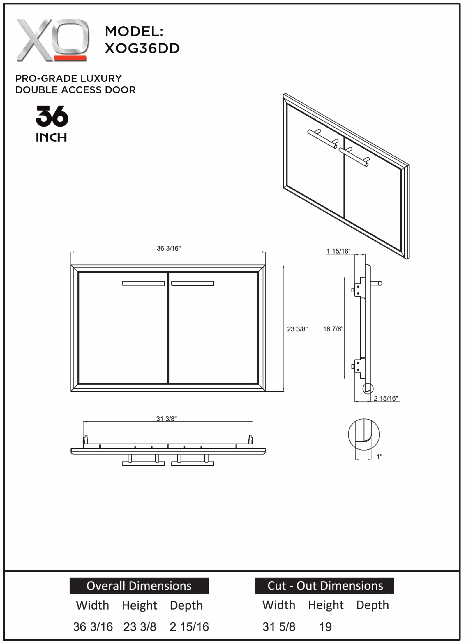 XO XOG36DD dimension drawing with measurements in inches