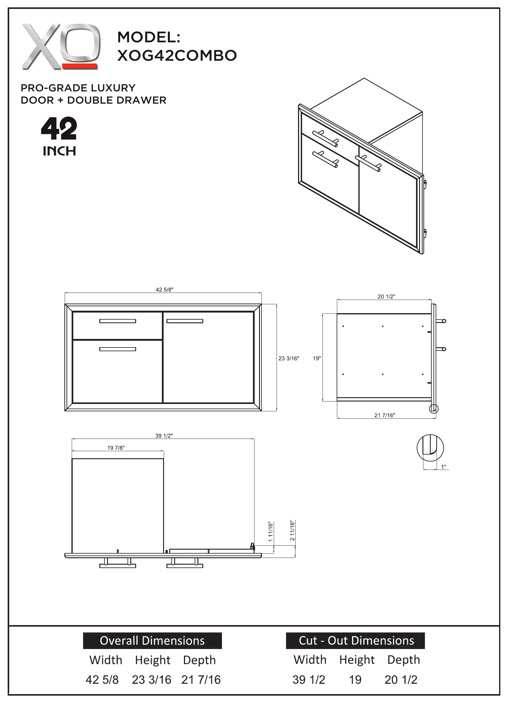XO XOG42COMBO dimension drawing with measurements in inches
