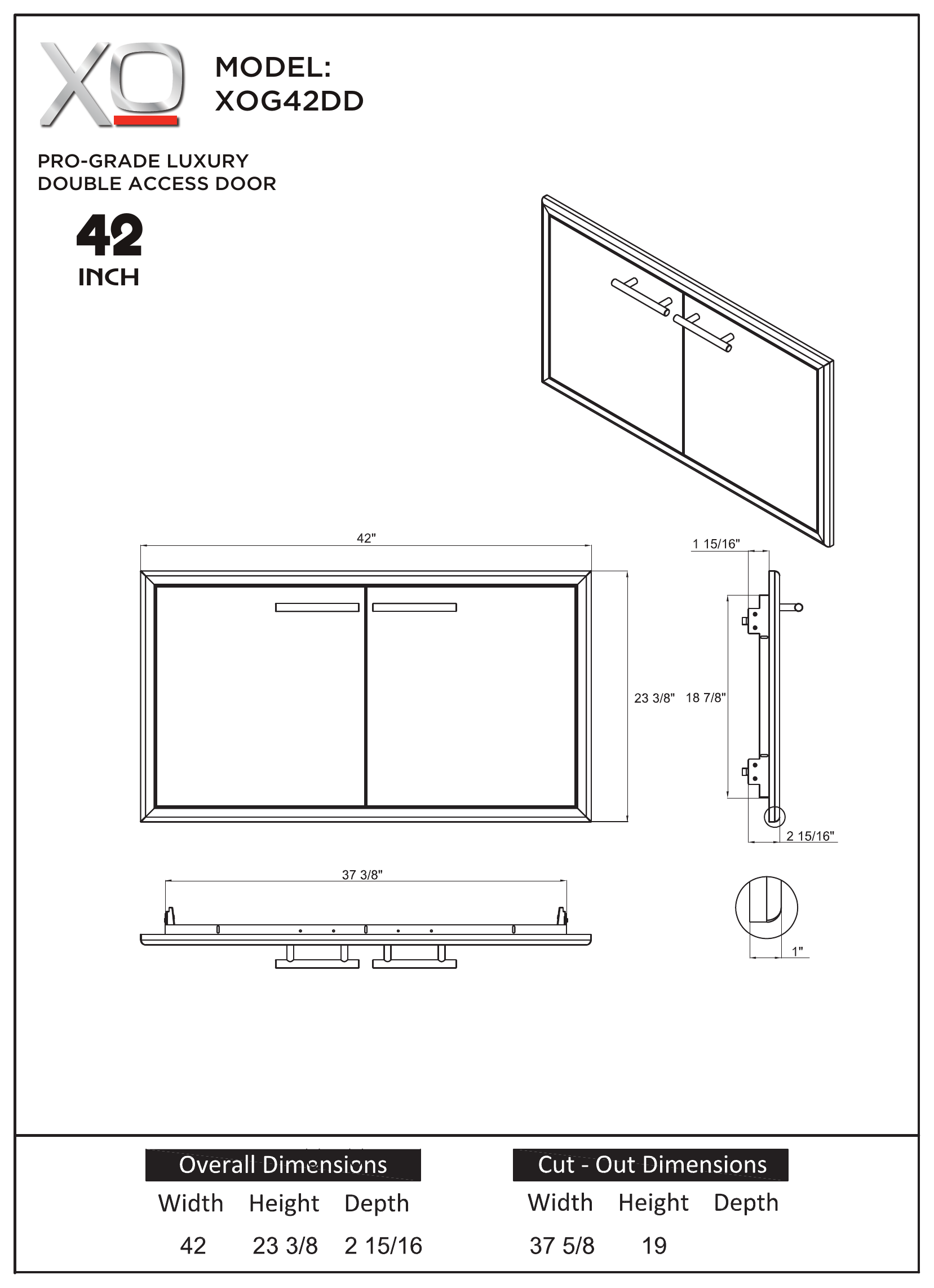 XO XOG42DD dimension drawing with measurements in inches