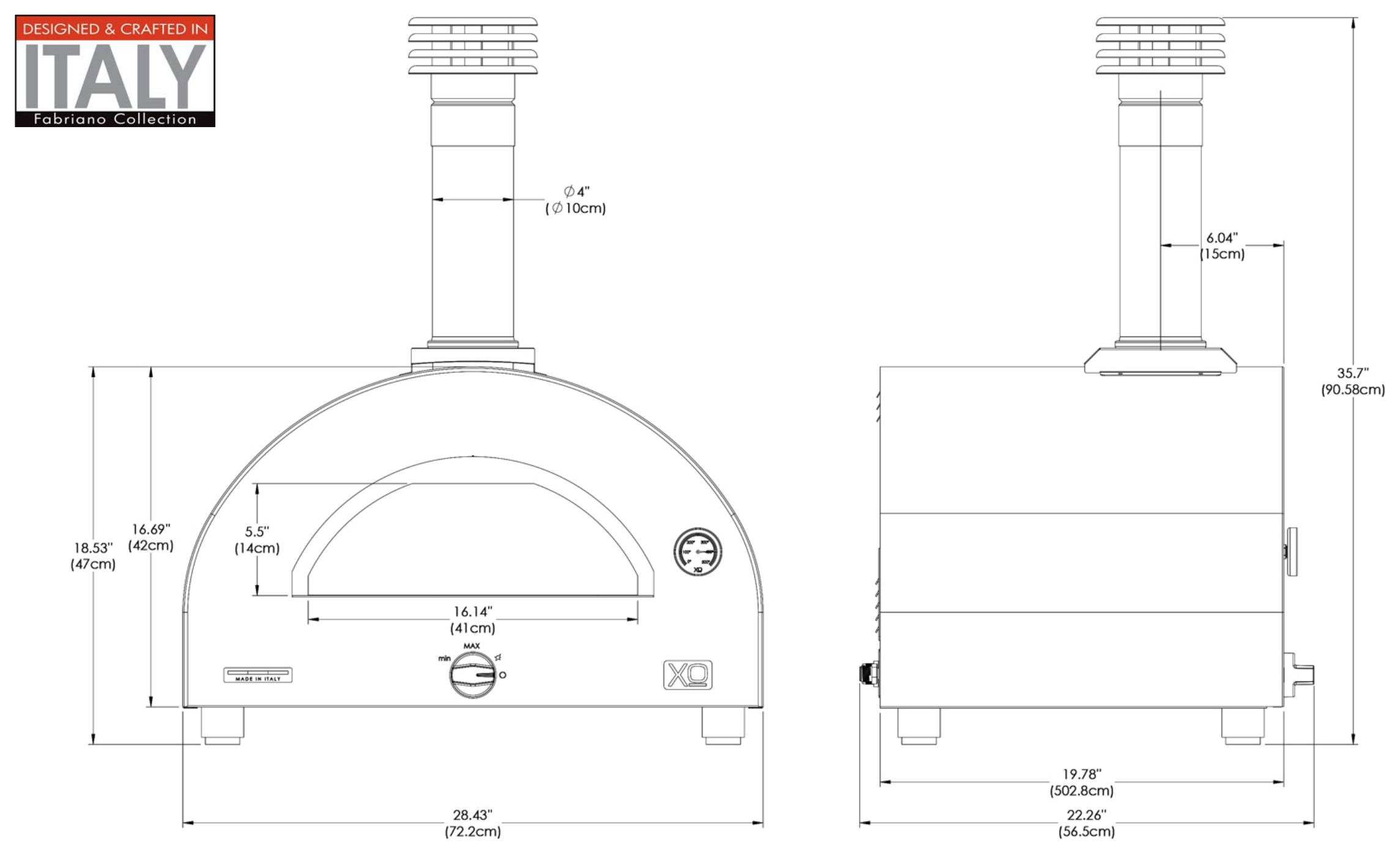 XO XOPIZZA1HRON dimension drawing with measurements in inches and centimeters