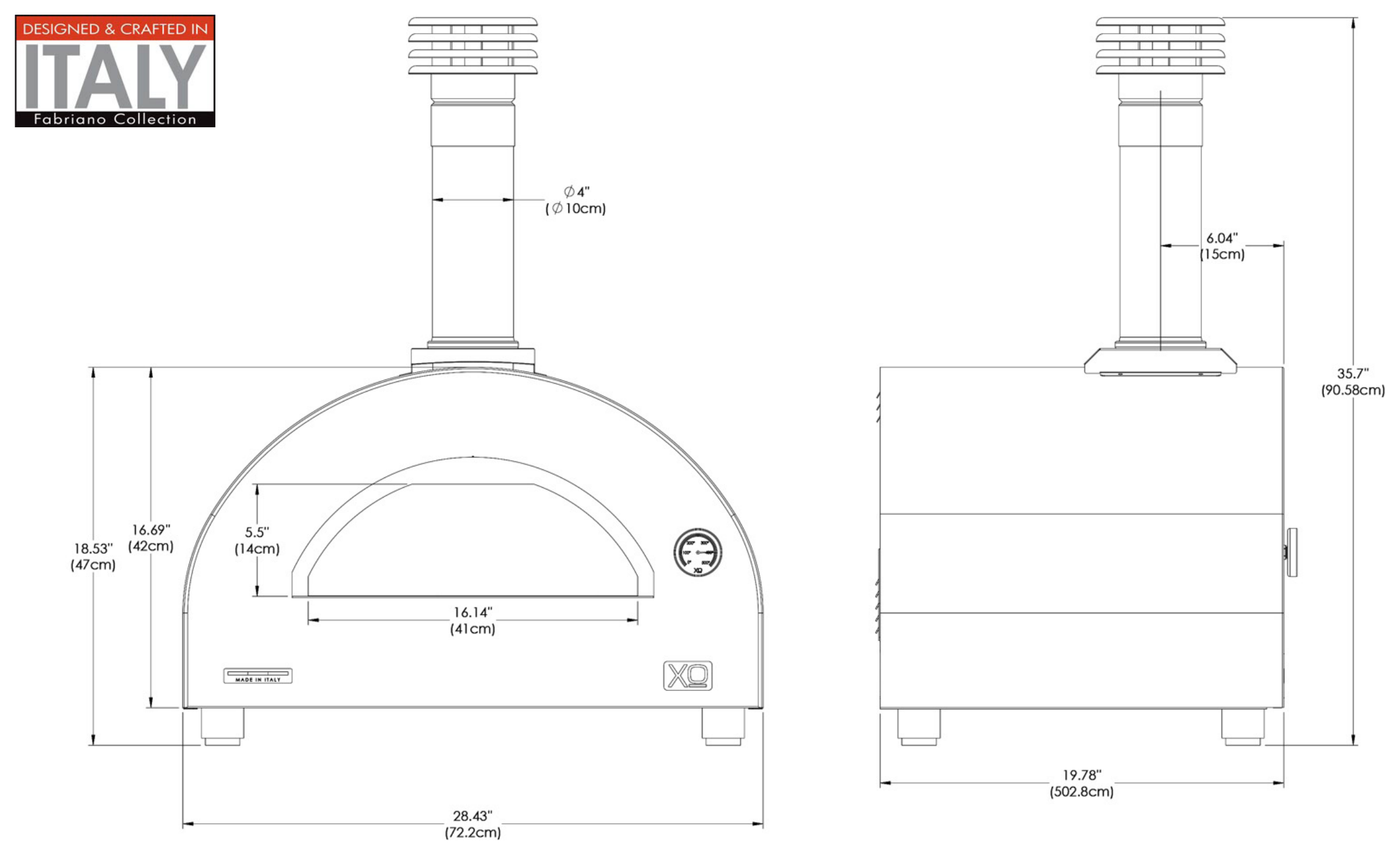 XO XOPIZZA1WRO dimension drawing with measurements in inches and centimeters